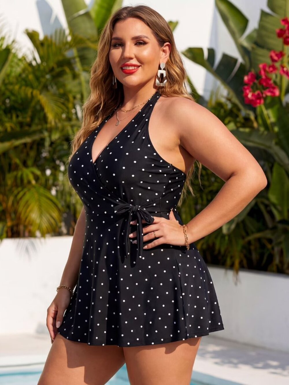 🩱 Ocean Blues Black Polka Dot Halter Swimdress NWT XL 🖤 - Picture 3 of 6